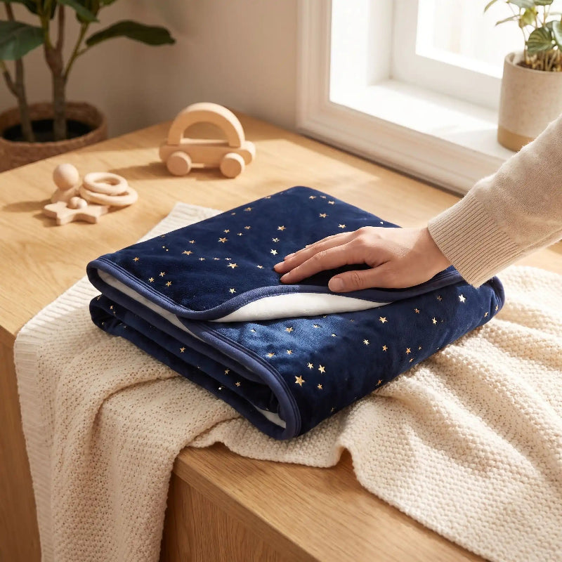 Cocon emmaillotage bébé bleu nuit plié, étoiles dorées