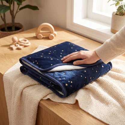 Cocon emmaillotage bébé bleu nuit plié, étoiles dorées