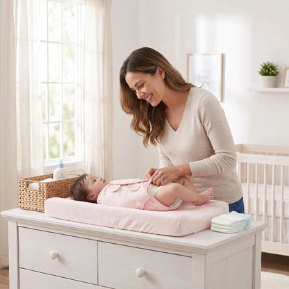 Cocon emmaillotage bébé rose sur la table à langer avec maman