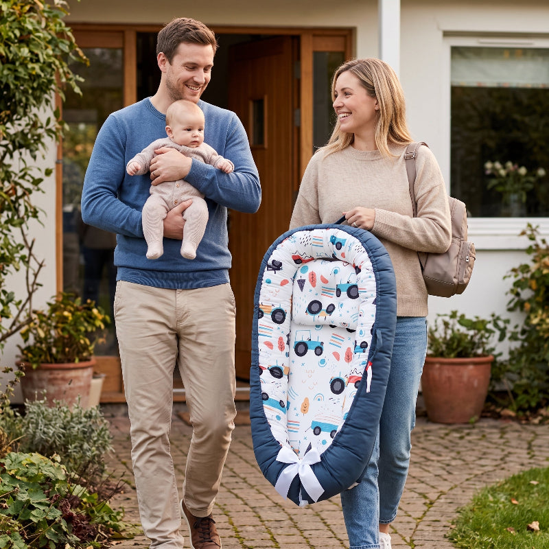 Cocon pour bébé bleu motif voitures parents bébé en sortie