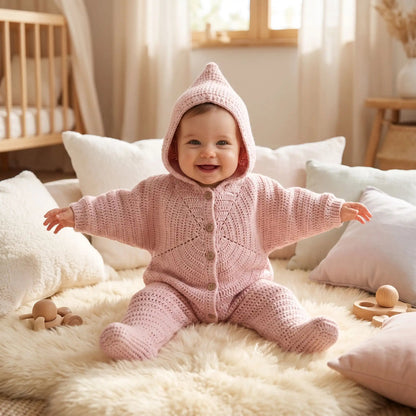 Combinaison bébé fille étoile rose à capuche, bébé souriant assis sur un tapis moelleux
