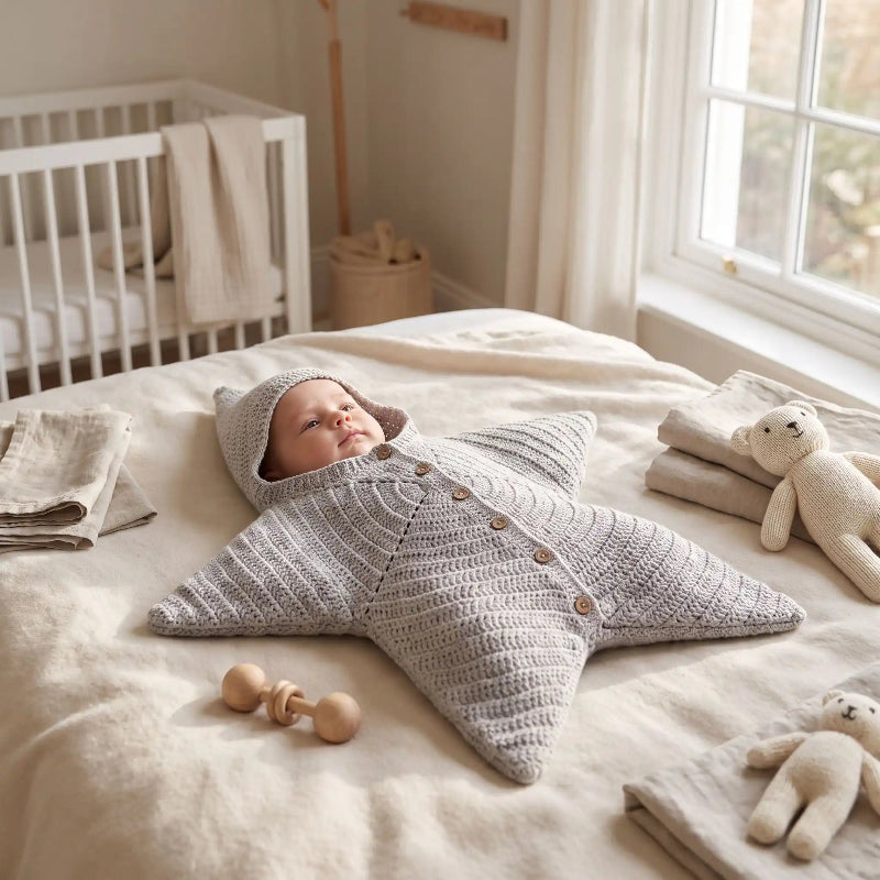 Combinaison bébé naissance grise en forme d'étoile, bébé allongé sur un lit douillet