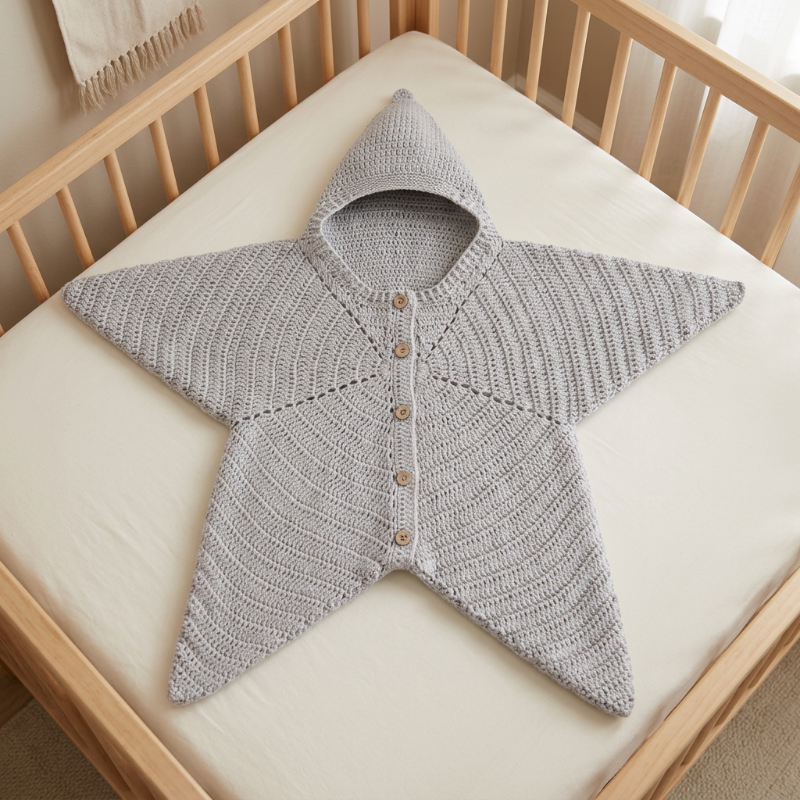 Combinaison bébé naissance grise en tricot étoile avec capuche, posée à plat