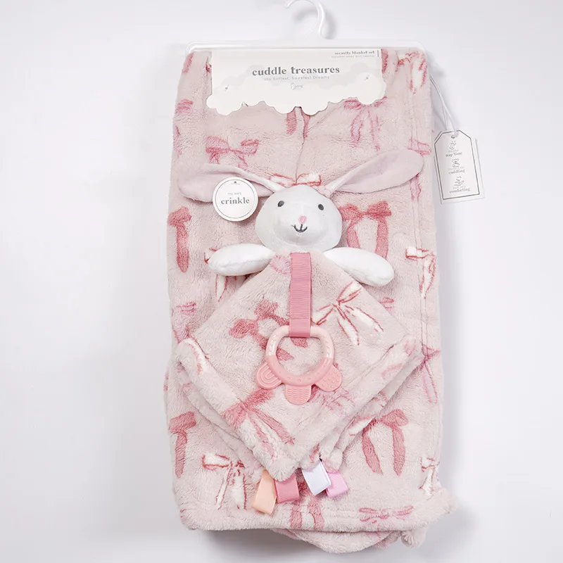 Couverture en polaire bébé rose avec doudou