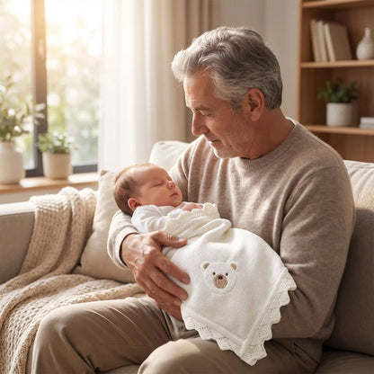 Couverture bébé au tricot blanche, grand-père tenant un nouveau-né