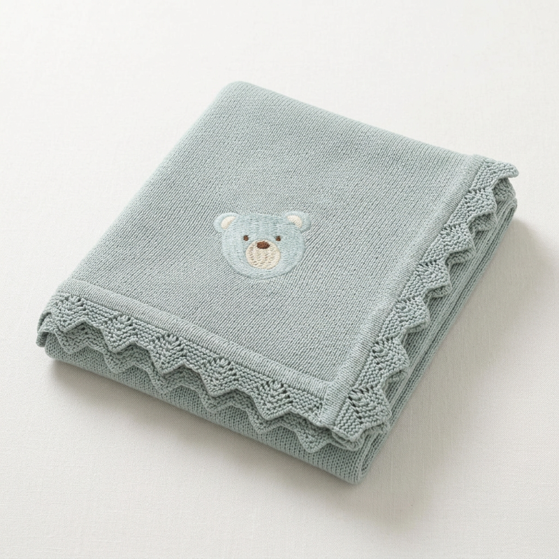 Couverture bébé au tricot bleu ciel, ourson et bordure zigzag