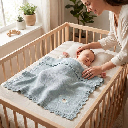 Couverture bébé au tricot bleu ciel sur un bébé dans son lit