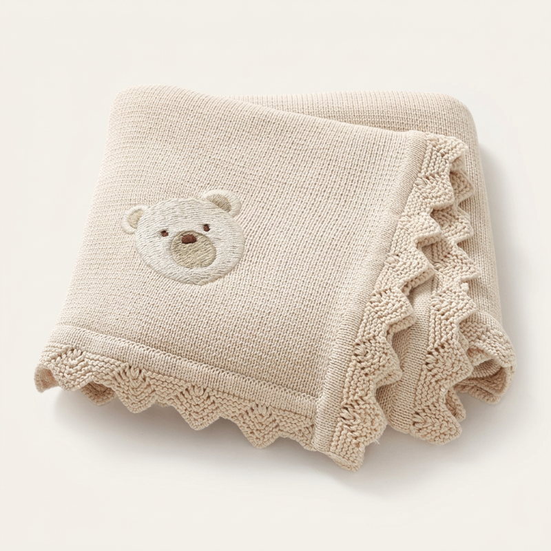 Couverture bébé au tricot crème, détail de l'ourson brodé