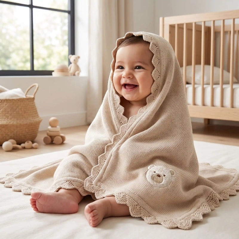 Couverture bébé au tricot crème ourson brodé sur un bébé souriant