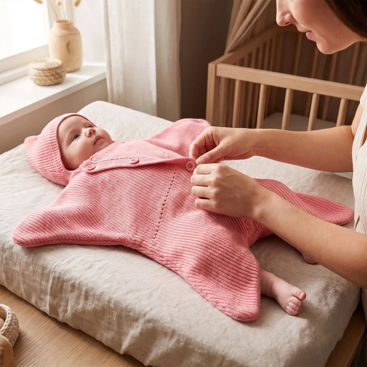 Couverture bébé étoile tricot rose ajustée par maman sur table à langer