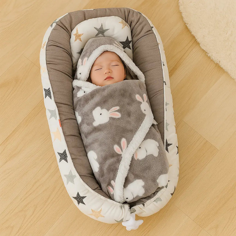 Couverture chaude bébé lapins gris sur un bébé dans son cocon