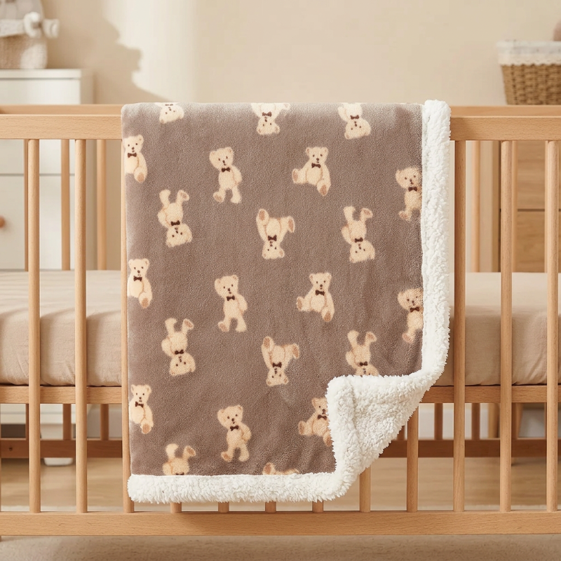 Couverture chaude bébé oursons marron et doublure sherpa blanche