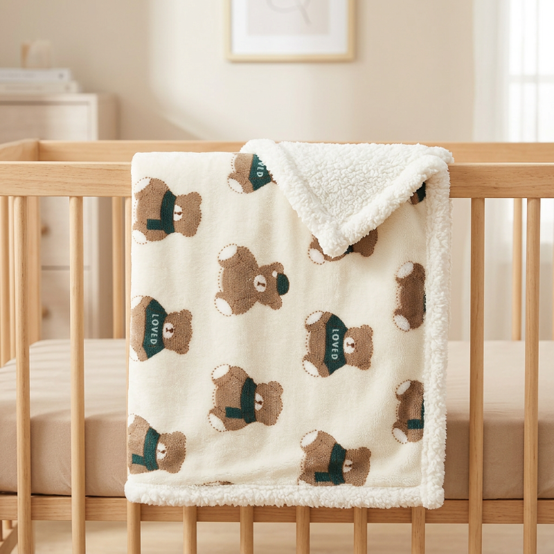 Couverture chaude bébé oursons verts et doublure sherpa