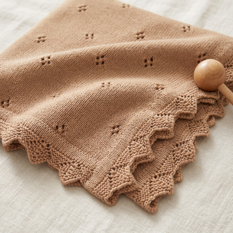 Couverture en tricot bébé camel, détail des fleurettes ajourées