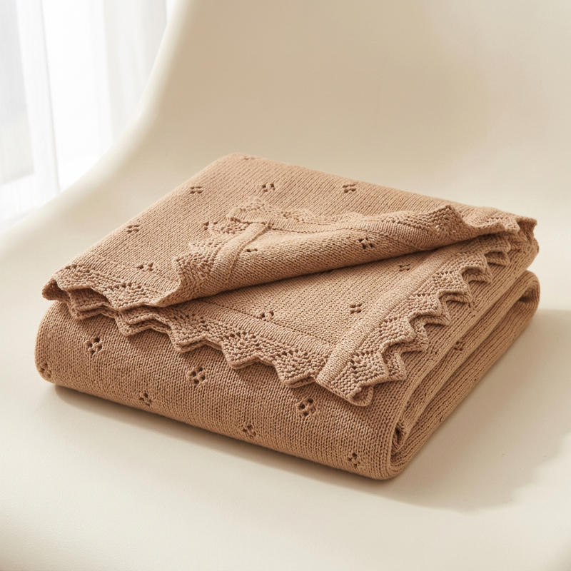 Couverture en tricot bébé camel pliée sur un fauteuil