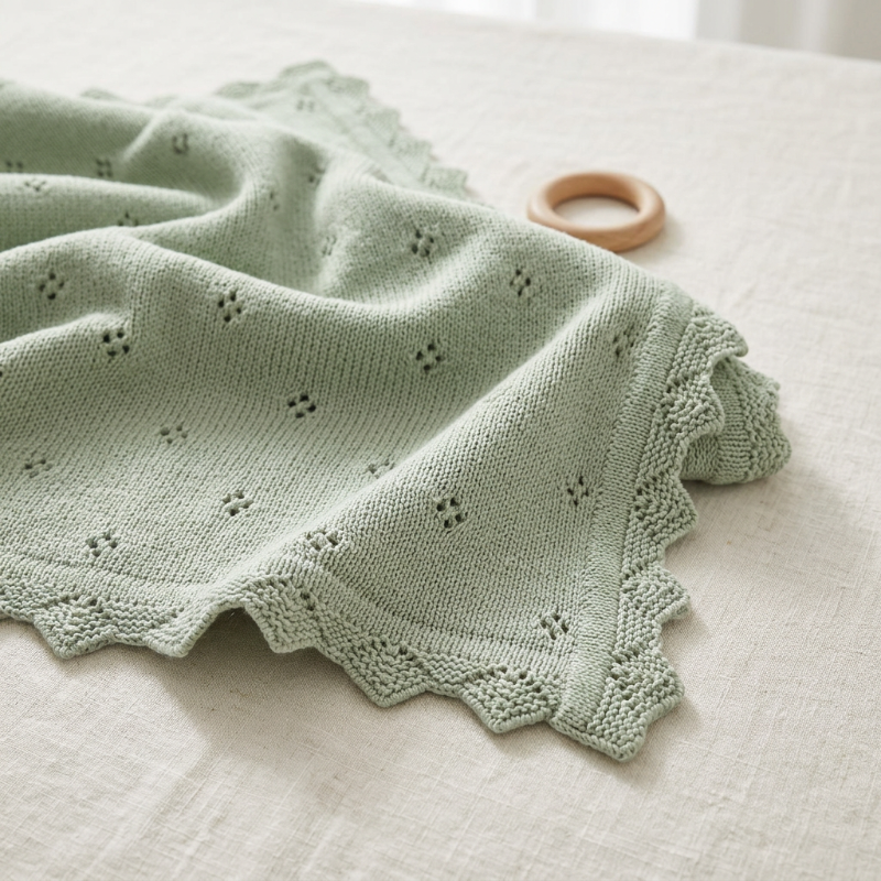 Couverture en tricot bébé vert sauge, détail de la maille