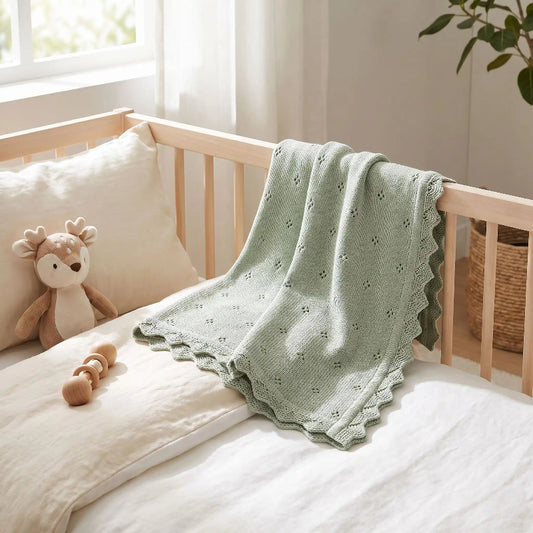 Couverture en tricot bébé vert sauge drapée sur un lit en bois