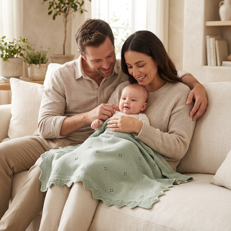 Couverture en tricot bébé vert sauge, parents câlinant bébé au canapé