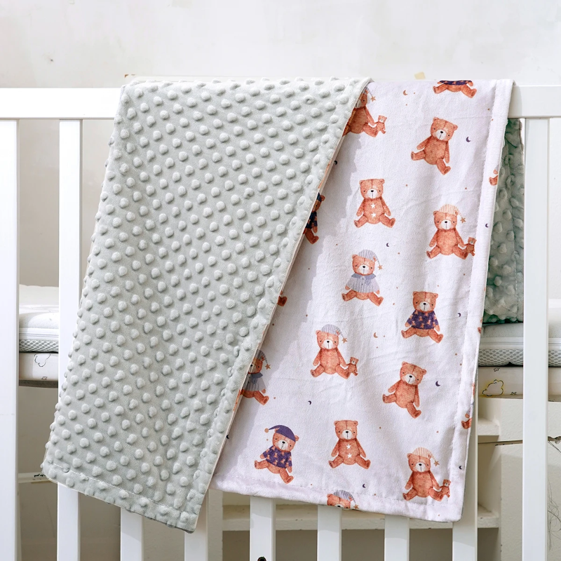 Couverture hiver bébé grise, face minky et face oursons