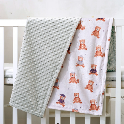 Couverture hiver bébé grise, face minky et face oursons