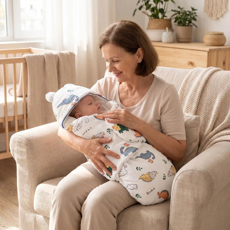 Couverture pour emmailloter bébé, maman câline son nouveau-né enveloppé