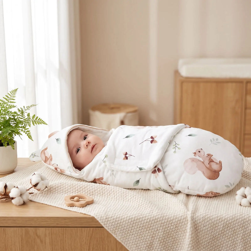 Couverture pour emmailloter bébé motif écureuil avec capuche à oreilles