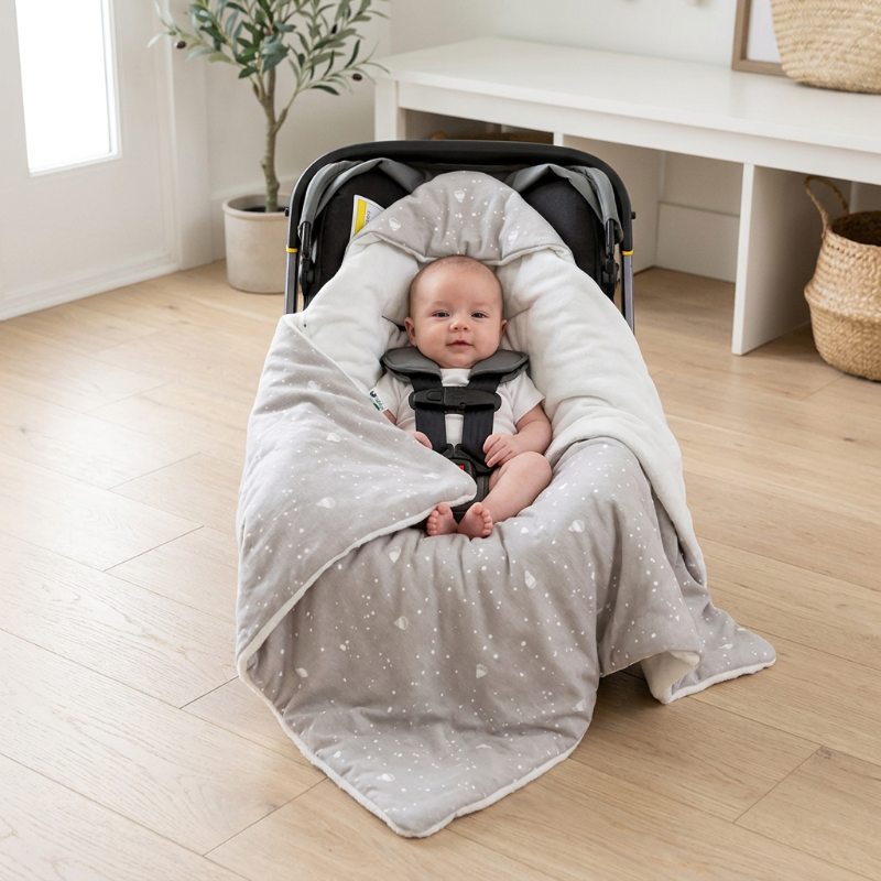 Couverture siège auto bébé motif montgolfière, bébé enveloppé dans son cosy