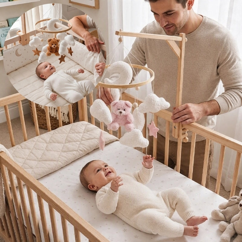 Mobile ourson en bois – Lune et étoiles, rose ou brun