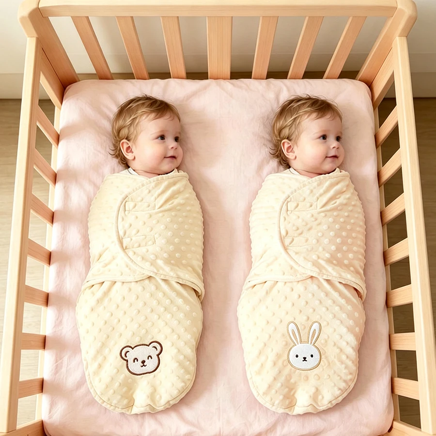 Deux nouveau-nés emmaillotés dans leurnid d'ange bebe Minky 3D jaune pastel