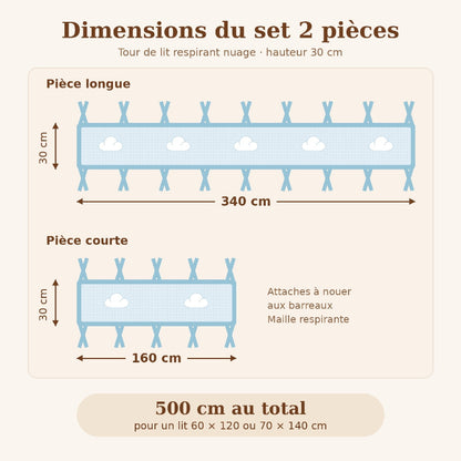 Dimensions du tour de lit respirant nuage, set 340 cm et 160 cm