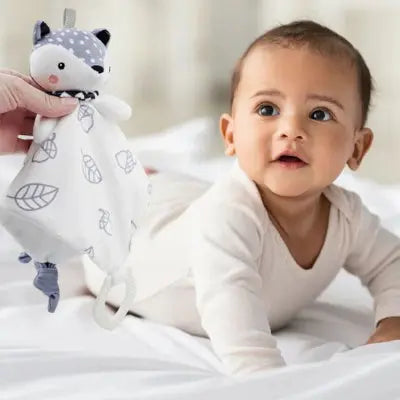 Doudou bébé en peluche douce avec tête d’animal et tissu à motifs
