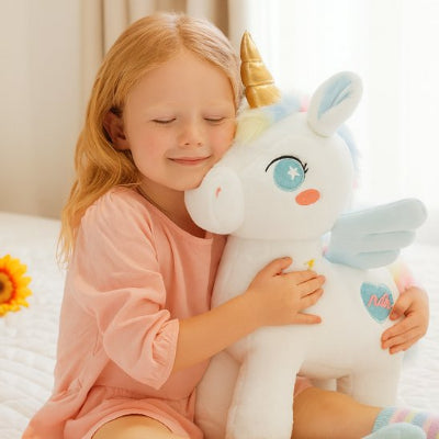 Fillette jouant avec une peluche licorne blanc bleu