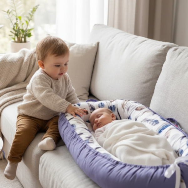 Fratrie et bébé dans nid bébé respirant  lavande