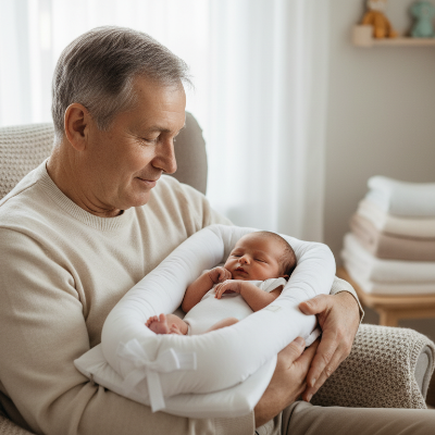 Grand-père et bébé dans le réducteur pour lit respirant blanc 