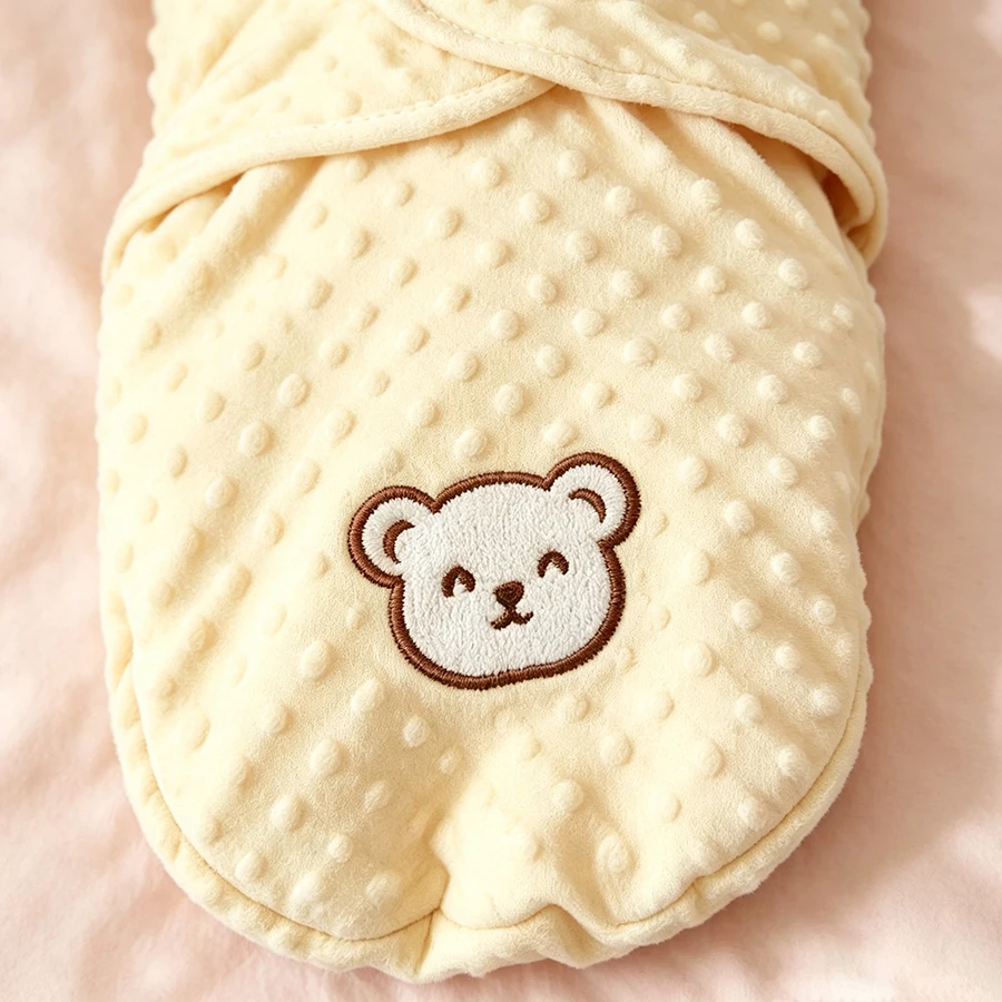 Gros plan broderie ourson souriante sur nid d'ange bebe en tissu minky 