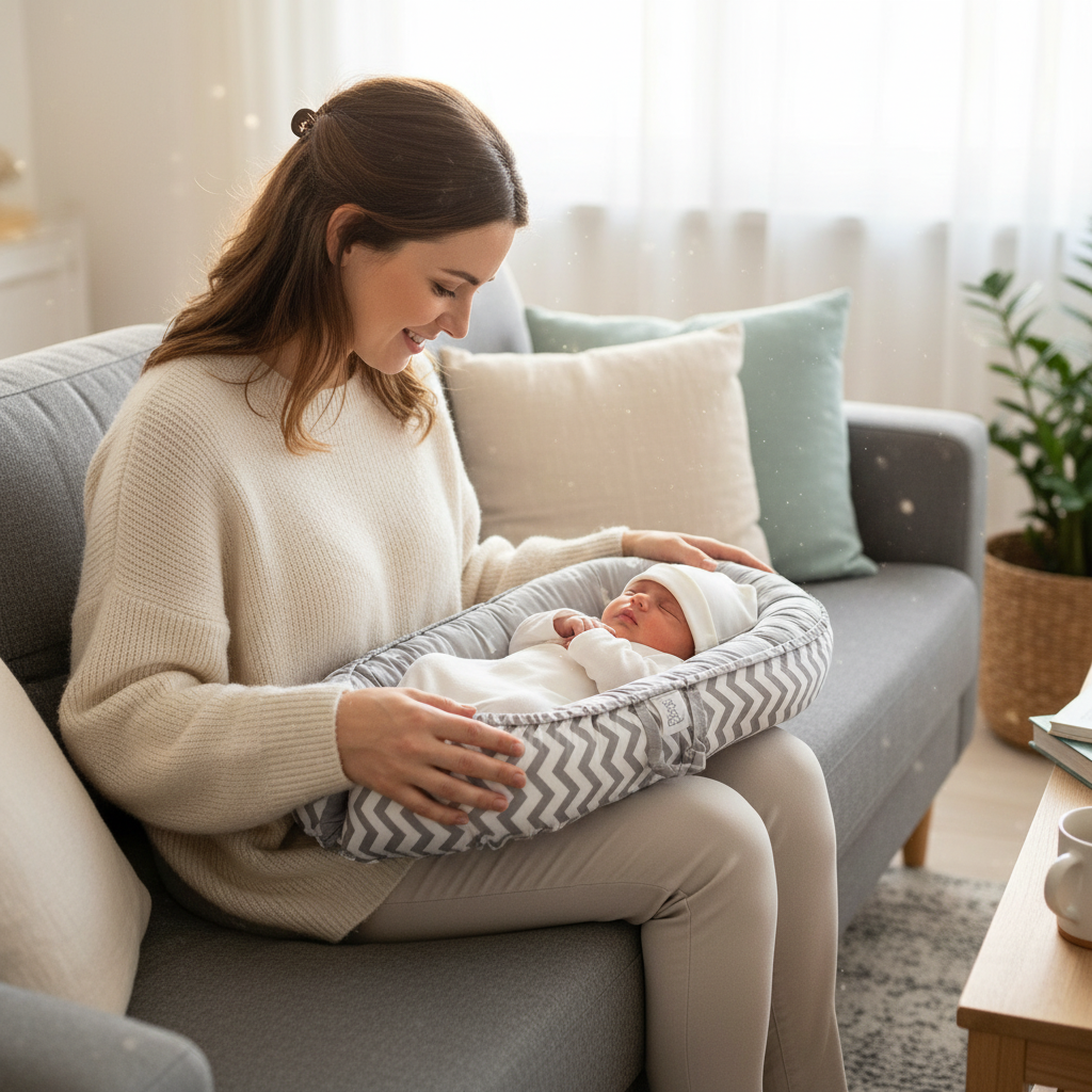 Maman assise sur un canapé gris avec son nourrisson dans le réducteur de lit respirant gris blanc
