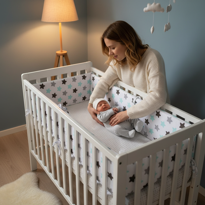 Maman dépose bébé tour de lit garçon étoiles