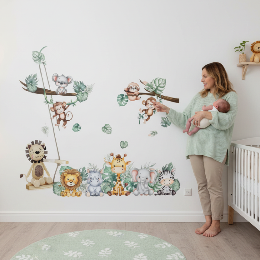 Maman et bébé devant les stickers muraux animaux pour chambre enfant sur le thème de la jungle.