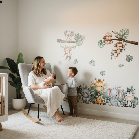 Maman et garçon installant des stickers muraux animaux pour chambre enfant sur le mur d'une chambre de bébé neutre.