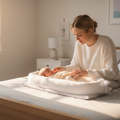 Maman installant son bébé dans un réducteur de lit bébé blanc