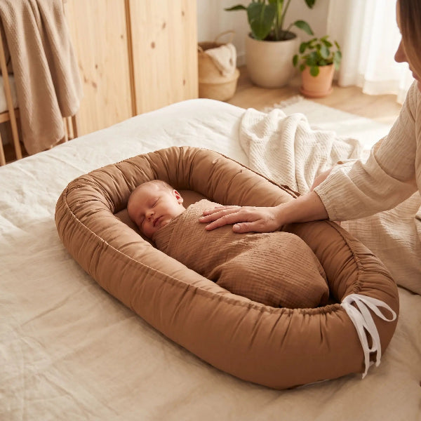 Maman installant son bébé dans un réducteur de lit bébé en coton