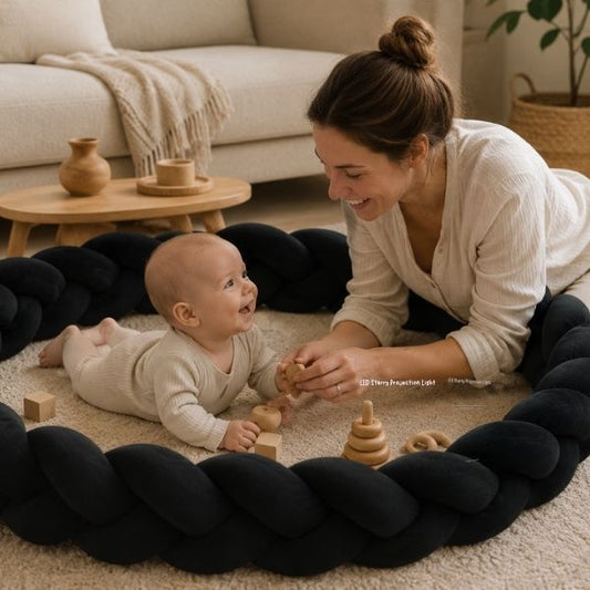Maman joue avec son bébé entouré d’une tresse de lit 3m noire