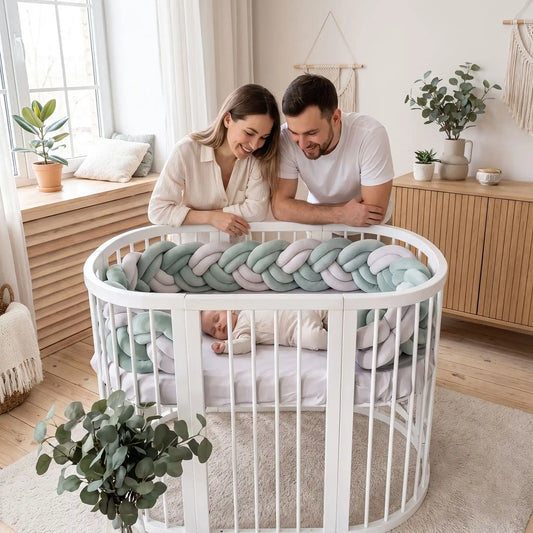 Maman papa bébé tresse de lit cabane vert et blanc 