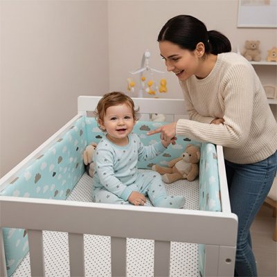 Maman regardant son bébé garçon dans un lit avec tour de lit nuage