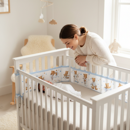 Maman regardant son enfant dans un berceau équipé d'un tour de lit bébé respirant aéré