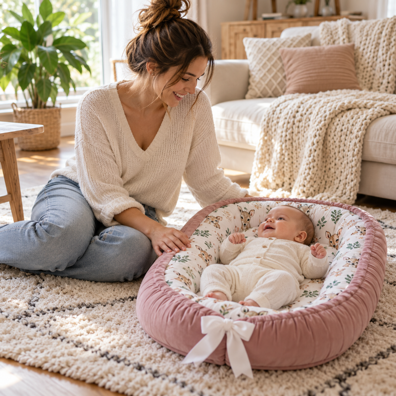 Maman souriant à son bébé dans un cocon bébé rose faons