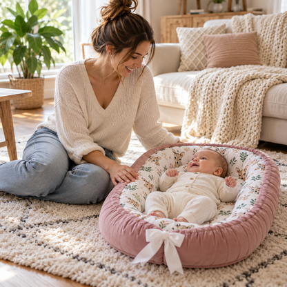 Maman souriant à son bébé dans un cocon bébé rose faons