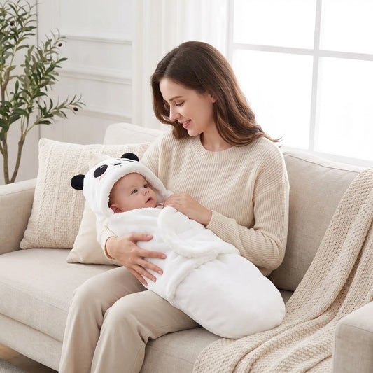 Maman tenant son nouveau-né enveloppé dans un nid d'ange bébé blanc avec capuche 