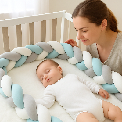 Mère regarde son bébé dormir dans un lit avec tresse de lit bébé 3 brins 
