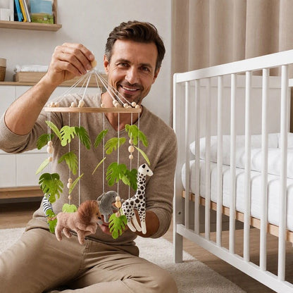 Mobile bébé bois installé dans la chambre de bébé